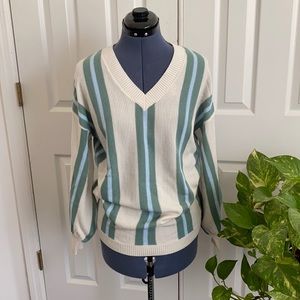 Green and White V-Neck Striped Sweater